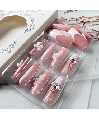 24 Pcs Long Square Press on Nails - French Tip Fake Nails with 3D Rhinestone - Sweet Pink Full Cover Acrylic Nail Tips for Women & Men - Stunning Manicure Decorations - Buy Online on GoSupps.com