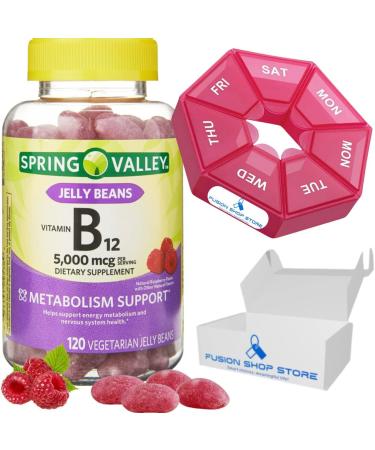 B12 Vitamins 5000 mcg Spring Valley 120 Jelly Beans (1 Pack) Support Energy Production  Set with Fusion Shop Store Week case (1)