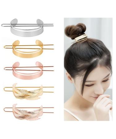 5 Pieces Round Top Hair Pin Hair Cuff Clips High Polished Metal Messy Bun Cage Minimalist Vintage Hair Stick Fork Ponytail Holder Christmas Hair Accessories for Women Girls Gold Rose Gold and silvery