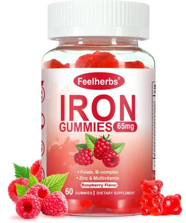 Iron Gummies for Women with Multivitamin Iron Supplement for Women with Energy & Blood Builder Raspberry Flavor Iron Vitamin Gummy with Folate B Complex Vegan 60 Gummies
