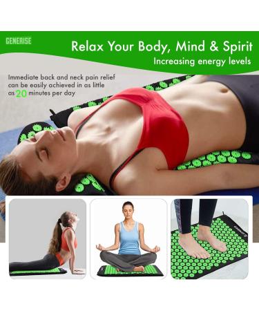 Generise Acupressure Mat and Pillow Set for Men & Women - Pain Relief for Back, Neck, and Muscles - Includes Travel Bag - Black with Green Spikes - Buy Online on GoSupps.com