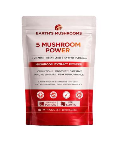 Oxloza Earth's Mushrooms Mushroom Powder Supplement 5-in-1 Mushroom Complex mmune Defense Focus & Energy Support | Great for Smoothies & Daily Use | Non-GMO Vegan Friendly (1pc)