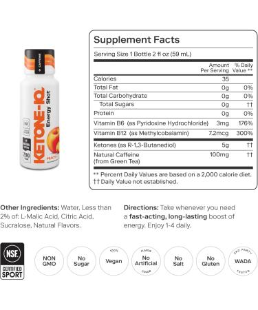 Ketone-IQ Ketone Energy Shots - 100mg Green Tea Caffeine 5g Exogenous Ketones and B Vitamins - 24 On The Go Caffeine Shots - Fast Acting Energy Drink (Peach) Peach 2 Fl Oz (Pack of 24) - Buy Online on GoSupps.com