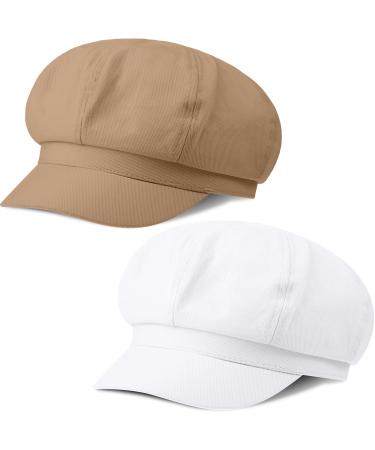 2 Pieces Women Newsboy Cap Visor Beret Hats Soft 8 Panels Vintage Cabbie Hat Octagonal Cap for Women Girls White and Khaki Medium