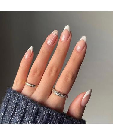 JUSTOTRY 24 Pcs Beige Almond Short False Nails White French Press on Nails Pattern Striped Fake Nails Short with Nail Glue Oval Medium Stick on Nails for Women Nails Fake Nail for Nails Art Beige&oval1