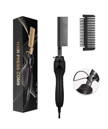 Hot Comb Hair Straightener, Electric Heating Comb, Portable Travel Anti-Scald Beard Straightener Press Comb Ceramic Curling Flat Iron Curler, Suitable for Wet & Dry Hair Wigs Women Men Brush(Black)