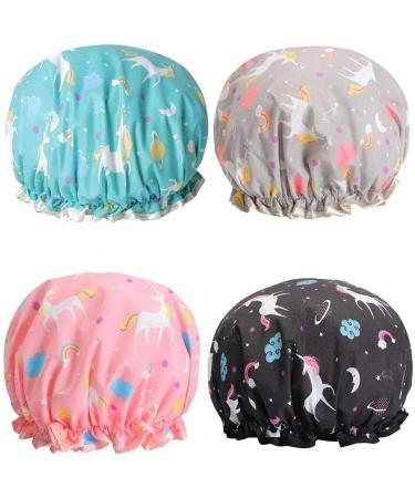 Phoetya 4 Pack Unicorn Shower Caps Double Layer Waterproof Shower Hat Reusable Elastic Band Bath Caps Perfect for Women and Girls Shower Spa