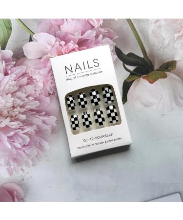 Buy Square Press on Nails - Medium Length Black & White Checkerboard Design - Full Cover Glossy False Nails for Women & Girls - Stick on Manicure Decorations Style-10 - Buy Online on GoSupps.com