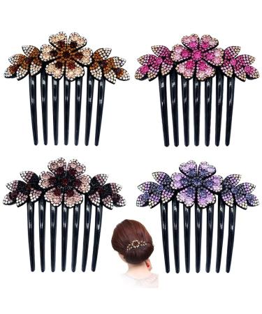 KuuGuu 4 PCS Women Flower Hair Comb Pins Rhinestone Slide Clips Bride Wedding Headdress Hair Accessories Pattern 1