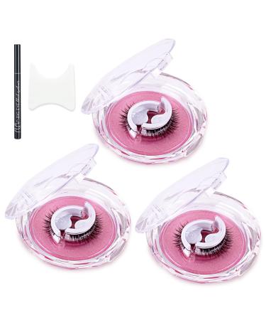 AYNKH 3 Pairs Reusable Self-adhesive Fake Eyelashes Natural Look 3D False Eyelashes No Glue/Eyeliner/Magnet Needed Waterproof Eyelashes for Women and girls (with Eyeliner)