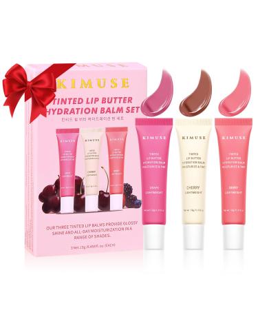 KIMUSE 3 Pack Tinted Lip Butter Hydration Balm Hydrating Lip Treatment with Hyaluronic Acid & Vitamin E Tinted Lip Balm for Instant Moisture Shine & Hydration Supple Lips Vegan & Cruelty-Free Berry & Grape & Cherry