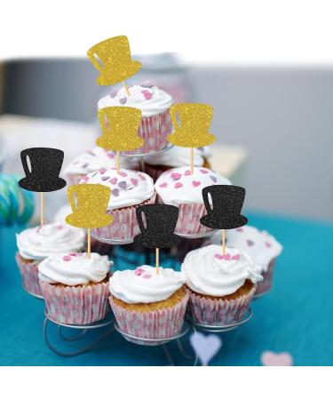 MonMon & Craft Top Hats Cupcake Toppers - Funny Birthday Cupcake Toppers - Magic Theme Baby Shower Wedding Party Cupcake Decorations - Boys Men Birthday Cupcake Toppers Black Gold Glitter 24 Pcs - Buy Online on GoSupps.com