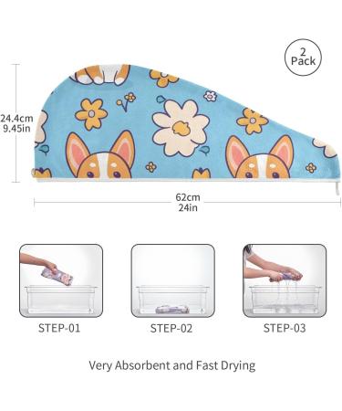Baby Welsh Dog Flowers Hair Towel 2 Pack - Super Absorbent Quick Dry Hair Turbans for Women & Girls | Stylish & Functional Head Towel - Buy Online on GoSupps.com