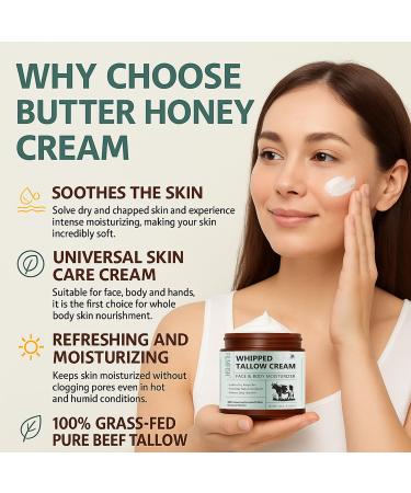 Grass-Fed Tallow Balm with Honey & Beeswax Deep Moisturizing Face & Body Cream Non-Comedogenic Fragrance-Free For Dry Sensitive Skin Calms Redness 4.2 oz 1PCS - Buy Online on GoSupps.com