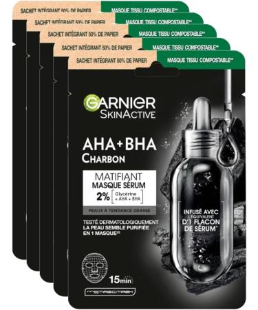 Garnier Masque en tissu purifiant et hydratant Skin Active Pure Charcoal pour peaux normales mixtes effet d tox matant avec charbon acide hyaluronique LHA et th noir lot de 5 - Buy Online on GoSupps.com