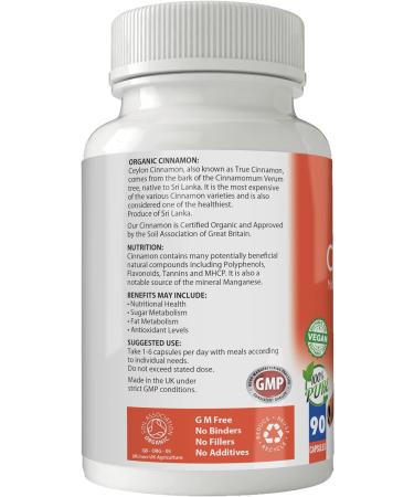 Organic Vegan Cinnamon Capsules x 90 - 500mg, Soil Association Certified, Gluten & GM Free - Buy Online on GoSupps.com