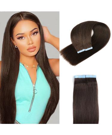 Tape in Hair Extensions Human Hair 100% Brazilian Virgin Human Hair 50g/pack 20 Pieces Straight Hair Seamless Skin Weft Tape in Human Hair Extensions for Women (20 Inch 2 Dark Brown) 20 Inch 2 Tape in Hair Extensions H...