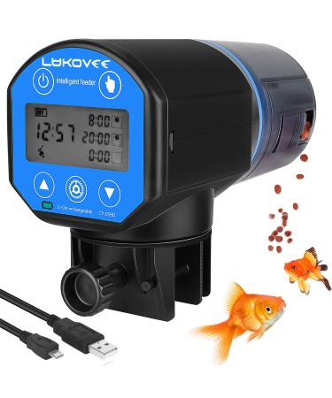 Lukovee Automatic Fish Feeder,New Generation Feeding Time Display USB Rechargeable Timer Moisture-Proof Aquarium or Fish Tank Food Dispenser with 200ML Large Capacity for Vacation Weekend Holiday 700mAh Battery Capacity Blue - with Scheduled Time Display