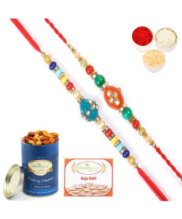 Ghasitaram Gifts Rakhi for Brother Rakhis Online - Set of 2 276 277 Fancy Rakhis with 100 GMS of Dryfruits Mix Can 200 GMS of Kaju katli