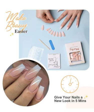 Morily Pink Ombre Coffin Fake Nails - UV Finish French Tip Glossy Medium False Stick On Nails for Women - 24Pcs in 12 Sizes - Buy Online on GoSupps.com