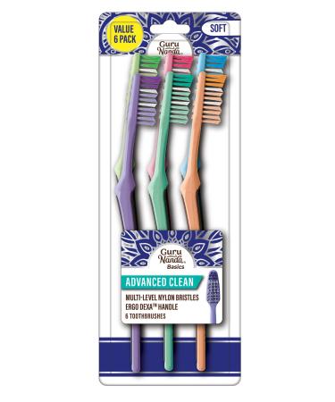 GuruNanda Advanced Clean Toothbrush with Tongue Cleaner - Soft Bristles for Sensitive Teeth & Gums - Assorted Colors Pack of 6