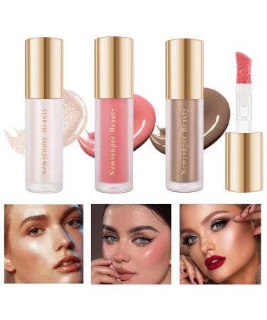3 Pcs Liquid Contour Liquid Highlighter Liquid Blush Stick Makeup Kit Long Lasting Smooth Lightweight Luminizer Fair Contour+Pink Blush+Pearl White Highlight 02#+04#+07# 8 ml (Pack of 3)