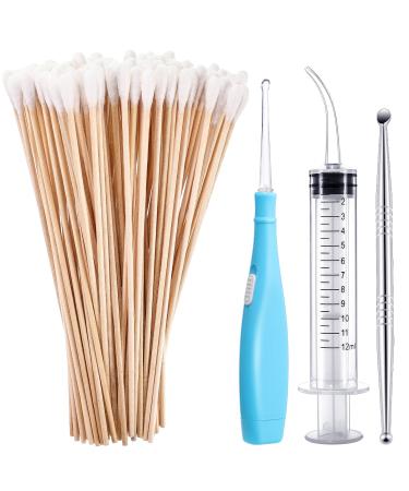 Tonsil Stone Removal Set Includes 1 Stainless Steel Tonsil Stone Removal Tool, 1 Tonsil Stone Remover with LED Light, 100 Long Swabs and 1 Curved Irrigator Syringe to Get Rid of Bad Breath (Blue)