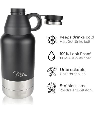 Milu 950ml Dog Drinking Bottle with Food Bowl - Insulated Stainless Steel Pet Water Bottle for Hiking Traveling & Walking - Black - Buy Online on GoSupps.com
