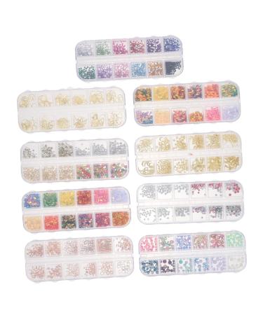 POPETPOP 9 Boxes Nail Art Accessories Nails gems Gold Nail gems Flatback Rhinestones Assorted Nail Art Charms 3D Nail Art Jewelry Nail Art Rivet Pearls for Nail Sequins Boxed Alloy