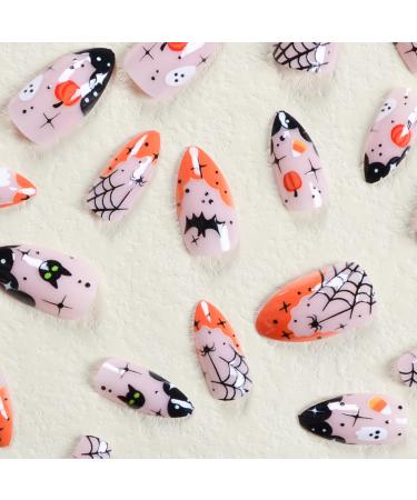 Shop Halloween Press On Nails - Short Almond French Tip with Ghost Bat & Pumpkin Designs | Full Cover Acrylic Nails for Women & Girls - Buy Online on GoSupps.com