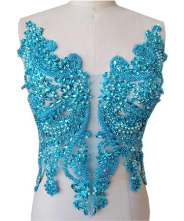 Handmade Light Blue Rhinestone Lace Bodice Applique Trim for Clothing - Sew On Beads Sequins Patch - Buy Online on GoSupps.com