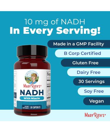 MaryRuth's NADH Capsules | Niacin | NAD+ Precursor | Trans-Resveratrol | CoQ10 | Cellular Energy | Energy Metabolism | Cognitive Function | Vegan | Gluten-Free | 1 Capsule Daily | 30 Servings - Buy Online on GoSupps.com