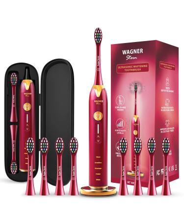 Wagner & Stern Ultrasound whitening toothbrush with pressure sensor 5 brush modes and 4 intensity levels with 3D slider 8 Dupont bristles premium travel case.Burgundy