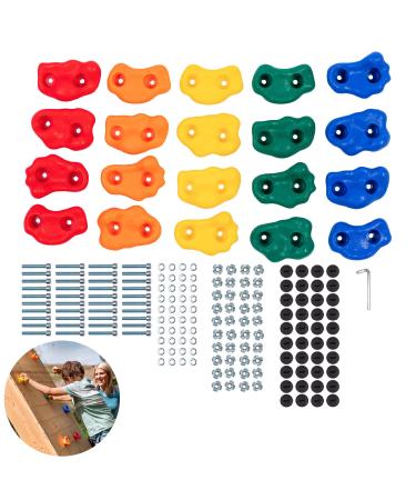 Squirrel Products Kids Rock Climbing Holds with Safety Rock Plugs to Protect Little Fingers - 20 Pack - Includes Hardware for 1" Installation