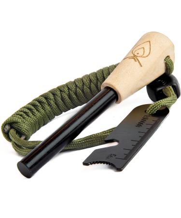 Texas Bushcraft Fire Starter - 3/8" Thick Ferro Rod with Striker and Paracord Wrist Lanyard Waterproof Flint Fire Steel Survival Lighter for Your Camping Hiking and Backpacking Gear Army Green