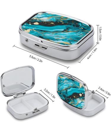 Turquoise Blue Gold Marble Print Pill Box - 2 Compartment Portable Pill Organizer for Pocket & Purse | Stylish Decorative Metal Medicine Case - Buy Online on GoSupps.com