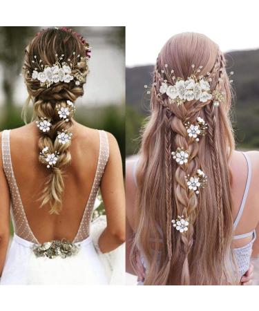 Bridal Flower Wedding Hair Pins - Crystal Pearl Clips Headpiece for Brides - Gold Hair Accessories with Rhinestone - Pure White Flower - 5 Count - Buy Online on GoSupps.com