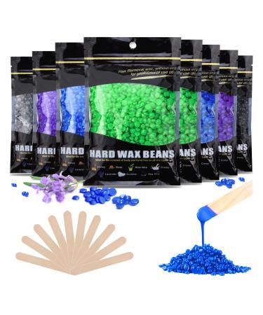 Professional Wax Beads Hair Removal Wolady 8 Bags Painless Hard Wax Beans (100G/Bag) Hot Wax Kit with 10 Applicators and Different Flavor for for Full Body Face & Bikini Areas