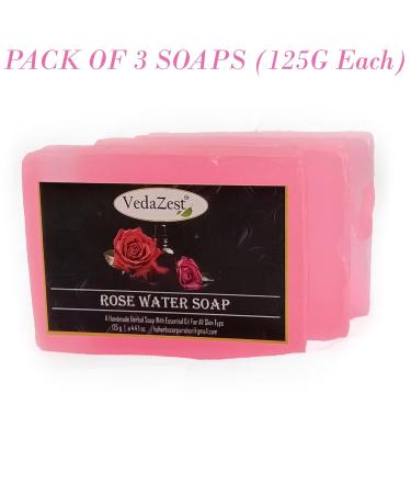 Rosewater Handmade Soap Bars - Set of 3 (125g) | Herbal Natural Formula | Hydrates & Nourishes All Skin Types | Removes Impurities - Buy Online on GoSupps.com