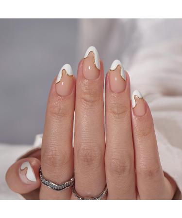 BTArtbox Almond Press On Nails - White French Tip with Gold Foil | Short Glue On Nails - 16 Sizes 30 Nail Kit - Perfect Summer Gift - Buy Online on GoSupps.com