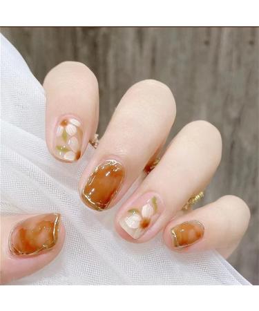 Spring Press On Nails Short Round 28 PCS False Nails with Glue  Floral Camellia Glossy Orange