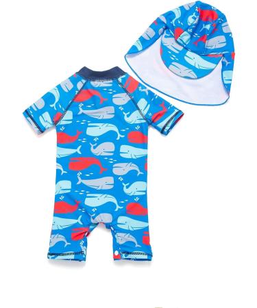 BONVERANO Baby Boys Swimsuit | Toddler Short-Sleeve Zipper Bathing Suit | UPF 50+ Sun Protection | Colorful Whale Design | 12-18 Months - Buy Online on GoSupps.com