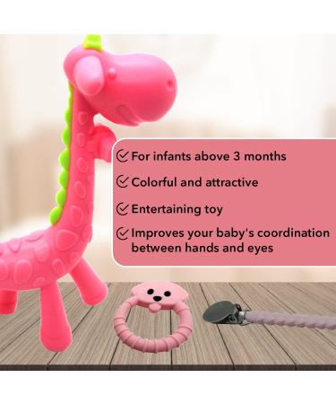 Baby Teething Toy Set - Pink Pacifier Clip, Giraffe & Bear Teethers - BPA Free Silicone Chew Toys for Infants - Freezer Safe - Buy Online on GoSupps.com