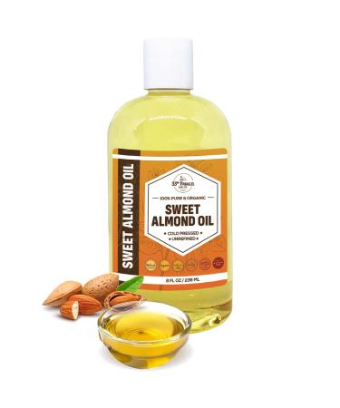 Organic Sweet Almond Oil | Premium Cold Pressed Unrefined | 100% Pure Sweet Almond Oil for Skin, Face, Hair, Soap Making | Carrier for Essential Oils | Available in Bulk | (8 OZ) 8 Fl Oz (Pack of 1)