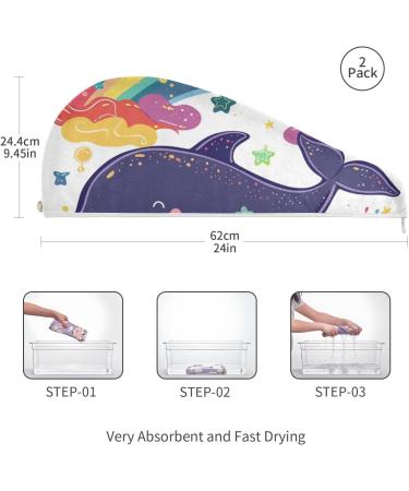Cartoon Whale Star Cloud Rainbow Hair Towel 2 Pack - Super Absorbent Quick Dry Turbans for Women & Girls - Buy Online on GoSupps.com