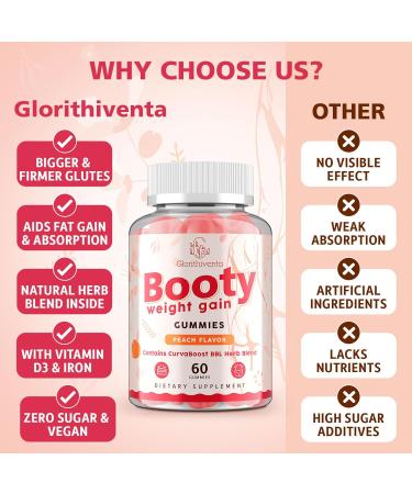 Booty Gummies for Women BBL Gummies Contains CurvaBoost BBL Herb Blend & Creatine Monohydrate for Booty Curves & Energy Zero Sugar Vegan Peach Flavor - 60 Counts 60 Count (Pack of 1) - Buy Online on GoSupps.com