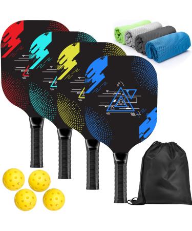 AOPOUL Pickleball Paddles, Pickleball Set with 4 Premium Wood Pickleball Paddles, 4 Cooling Towels, 4 Pickleball Balls & Carry Bag, Pickleball Paddle with Cushion Comfort Grip, Gifts for Men Women