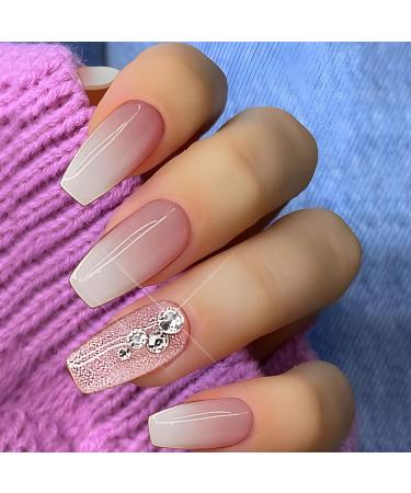 Pink Gradient Rhinestone Press on Nails - 24 Pcs Medium Coffin Shape | Glitter Powder & Rhinestone Designs | False Nails for Women and Girls - Buy Online on GoSupps.com