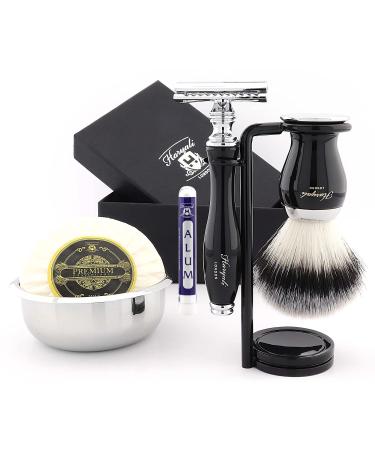 Haryali London Shaving Kit - 6 Pc Shaving Kit - Double Edge Safety Razor - Synthetic Hair Shaving Brush - Shaving Stand - Shaving Soap - Shaving Bowl - Alum - Black Color Shaving Set