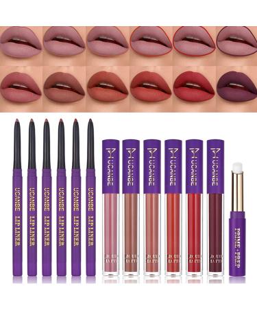 Ucanbe 6 pcs. Matte Liquid Lipstick + 6 pcs. Lip Liners Pencil + 1PC Primer Lady's night lips make-up sets Long-lived with matt lip gloss STICKLOS SUTEMISTICS SLICH LIPTICK KIT